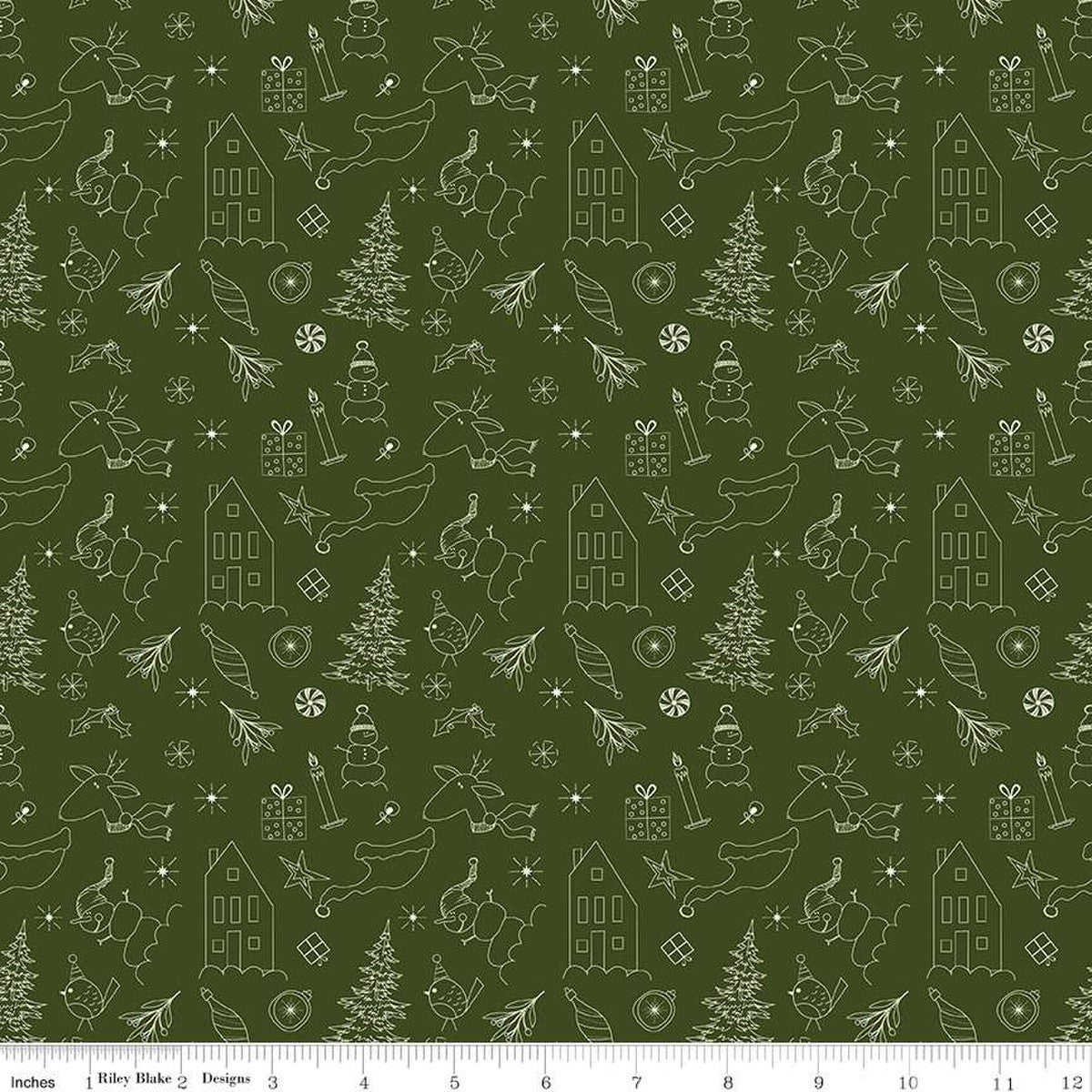 Christmas Is In Town Doodles Dark Green Yardage by Sandy Gervais | Riley Blake Designs #C14742-DKGREEN