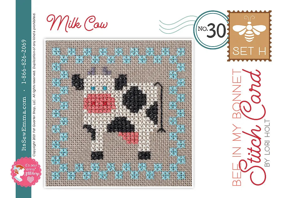 Bee in my Bonnet Stitch Cards Set H Cross Stitch Pattern by Lori Holt | It's Sew Emma #ISE-439 Milk Cow