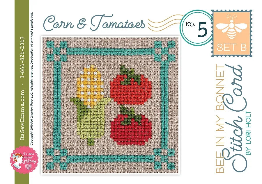 Bee in my Bonnet Stitch Cards Set B Cross Stitch Pattern by Lori Holt | It's Sew Emma #ISE-409Corn & Tomatoes