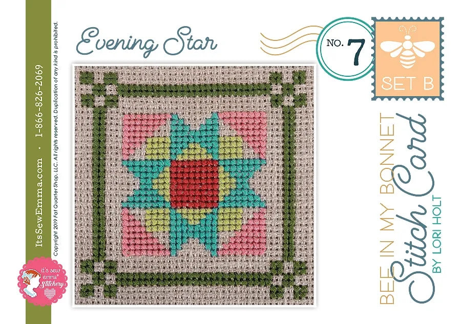 Bee in my Bonnet Stitch Cards Set B Cross Stitch Pattern by Lori Holt | It's Sew Emma #ISE-409 Evening Star